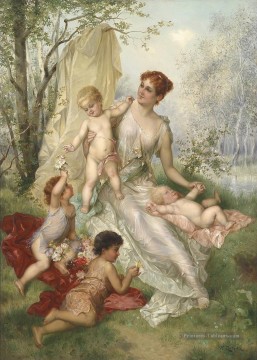 femme et enfants Hans Zatzka classique fleurs Peinture à l'huile